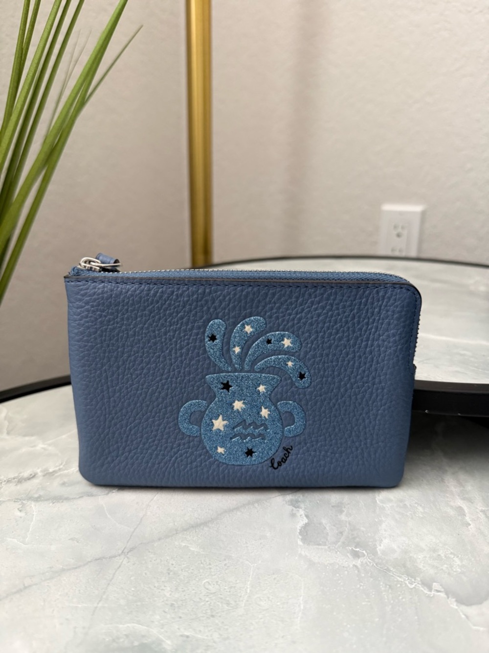Coach Corner Zip Wristlet In Canvas Leather With Aquarius